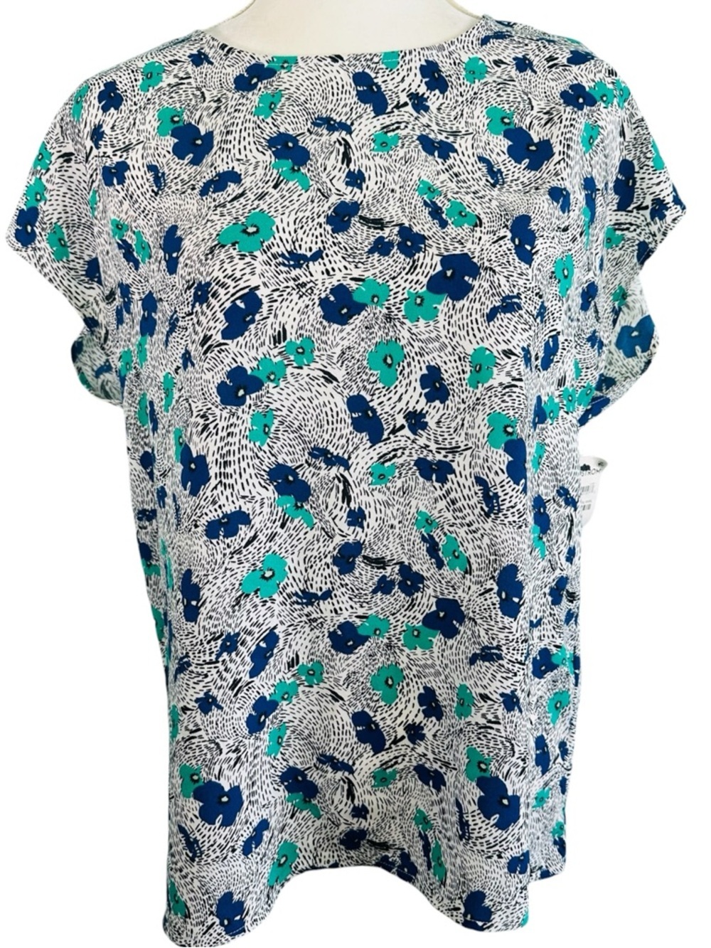 NWT Halogen White Cap-Sleeve Blouse with Navy & Teal Floral Print